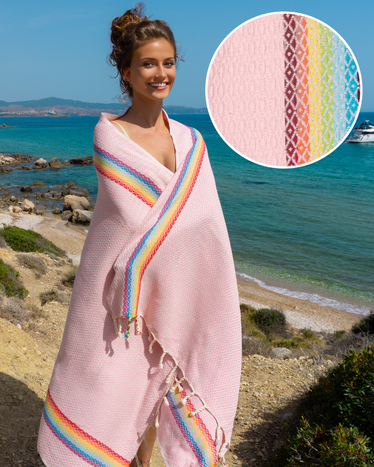 Rosa Samimi Hamamtuch aus 100% Baumwolle im Rainbow-Design